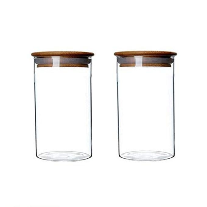 2 Pcs Clear Glass Canister Food Storage Jar With Airtight Wood Lids for Coffee Bean Loose Leaf Tea Containers Sugar Cookies Dry Fruit Nuts Candy Jars size 300ML/10.1z