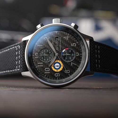 AVI-8 Men's 43.5mm Hawker Hurricane Classic Chronograph Carbon Fiber Black Watch with Leather Strap AV-4011-0W - Image 3