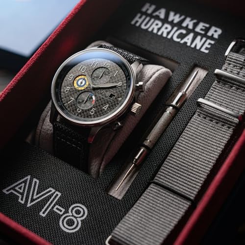 AVI-8 Men's 43.5mm Hawker Hurricane Classic Chronograph Carbon Fiber Black Watch with Leather Strap AV-4011-0W - Image 5