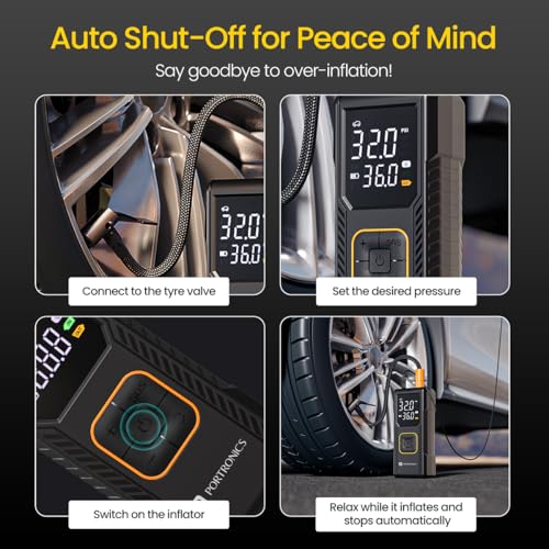 Portronics Vayu 9.0 Portable & Rechargeable Tyre Inflator with 2-in-1 Cordless & Corded Modes, 3×2000 mAh Battery, LED Display, Auto Shut-Off, Type-C Fast Charging,150 PSI for Car, Bike & Sports Balls - Image 3