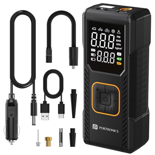 Portronics Vayu 9.0 Portable & Rechargeable Tyre Inflator with 2-in-1 Cordless & Corded Modes, 3×2000 mAh Battery, LED Display, Auto Shut-Off, Type-C Fast Charging,150 PSI for Car, Bike & Sports Balls - Image 1