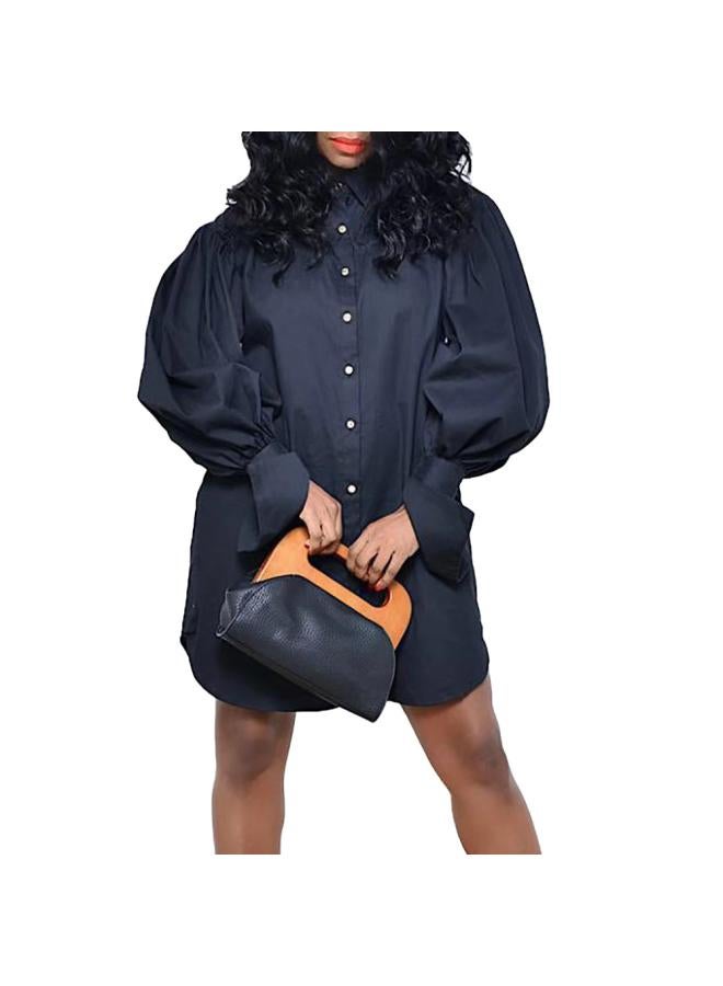 D3044 European And American Plus Size Women's Loose Bubble Sleeve Solid Color Casual Long Sleeve Shirt Dress Dress
