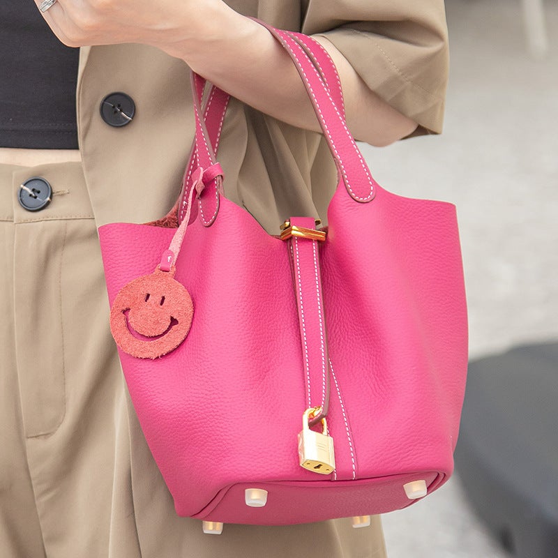 Genuine Leather Togo First Layer Cowhide 18 Size Gold Buckle Vegetable Basket Bag Handbag Bucket Bag For Women - Image 1