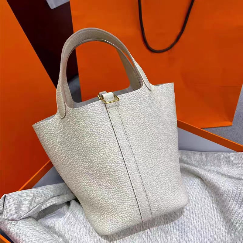 Genuine Leather Togo First Layer Cowhide 18 Size Gold Buckle Vegetable Basket Bag Handbag Bucket Bag For Women - Image 5