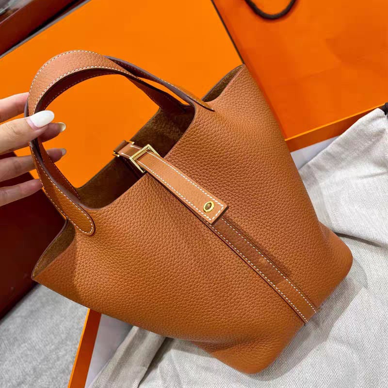 Genuine Leather Togo First Layer Cowhide 18 Size Gold Buckle Vegetable Basket Bag Handbag Bucket Bag For Women - Image 2