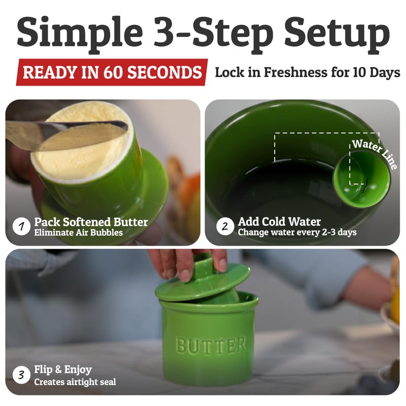 Priority Chef PriorityChef Butter Crock with Lid with Water Line, Ceramic French Butter Dish to Leave On Counter, Green - Image 3