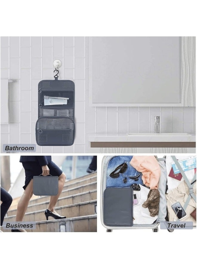 حقيبة سفر لأدوات الزينة، حقيبة مستحضرات تجميل يدوية، حقيبة مكياج ذات سعة كبيرة، حقيبة مكياج محمولة قابلة للطي مع خطاف منظم حقيبة مستحضرات التجميل للرجال والنساء- رمادى - Image 3