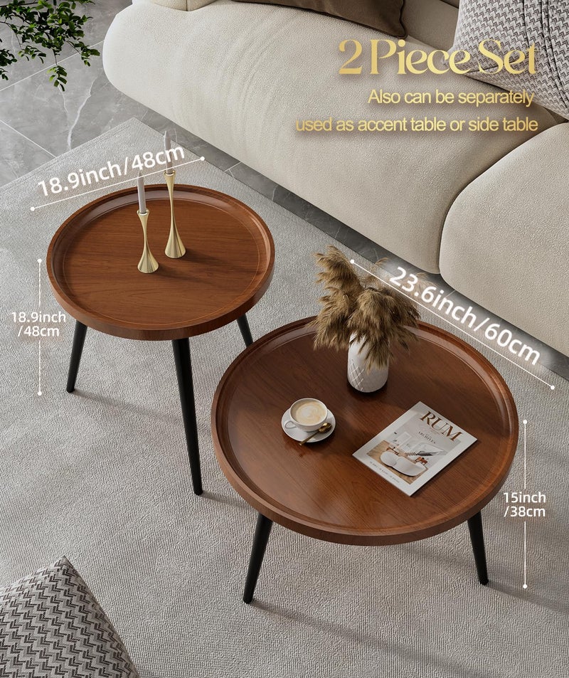 Semjar 2-Piece Walnut Coffee Table,Durable Mid Century Small Round Coffee Tables for Living Room,Easy Assembly Modern Nesting Coffee Tables Set,Circle Side Tables for Sofa Bedside Balcony - Image 3