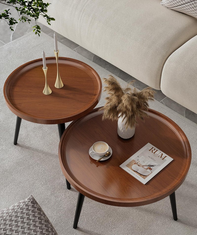 Semjar 2-Piece Walnut Coffee Table,Durable Mid Century Small Round Coffee Tables for Living Room,Easy Assembly Modern Nesting Coffee Tables Set,Circle Side Tables for Sofa Bedside Balcony - Image 1