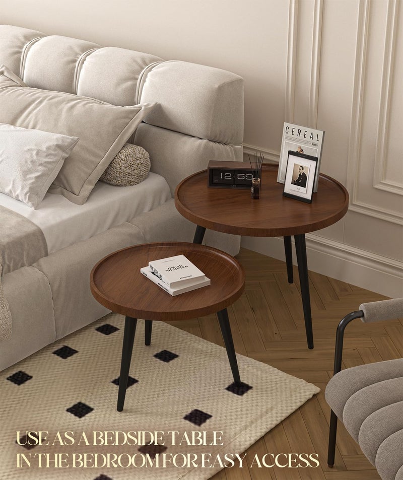 Semjar 2-Piece Walnut Coffee Table,Durable Mid Century Small Round Coffee Tables for Living Room,Easy Assembly Modern Nesting Coffee Tables Set,Circle Side Tables for Sofa Bedside Balcony - Image 5