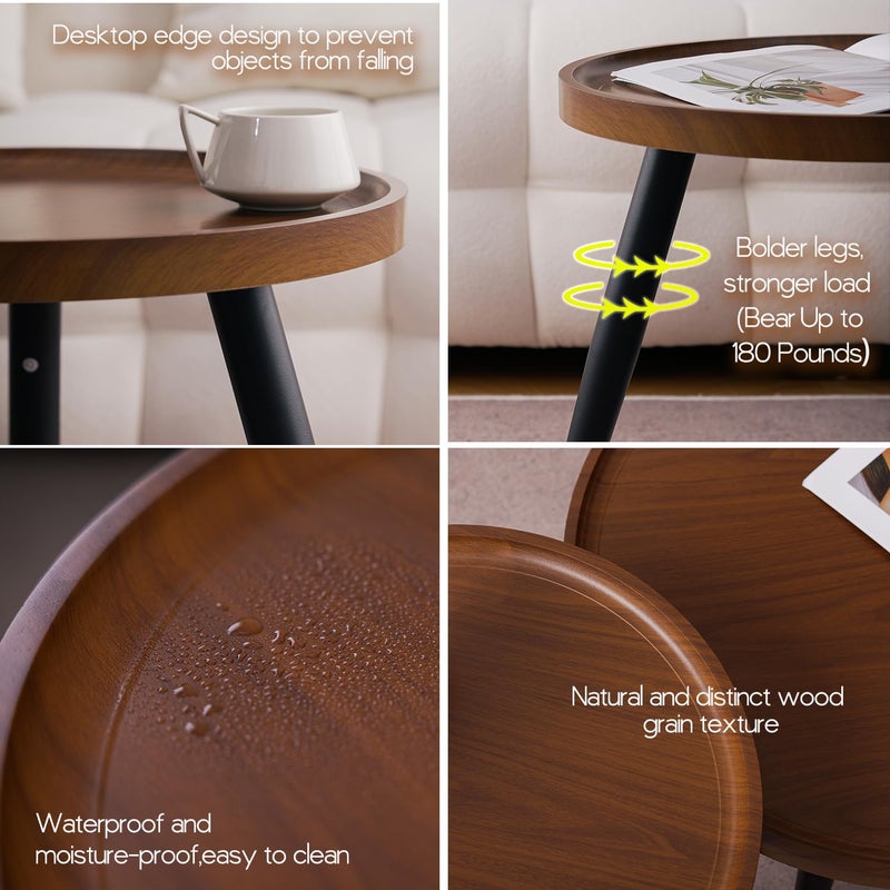 Semjar 2-Piece Walnut Coffee Table,Durable Mid Century Small Round Coffee Tables for Living Room,Easy Assembly Modern Nesting Coffee Tables Set,Circle Side Tables for Sofa Bedside Balcony - Image 4