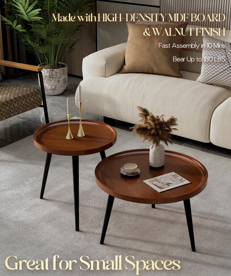 Semjar 2-Piece Walnut Coffee Table,Durable Mid Century Small Round Coffee Tables for Living Room,Easy Assembly Modern Nesting Coffee Tables Set,Circle Side Tables for Sofa Bedside Balcony - Image 2