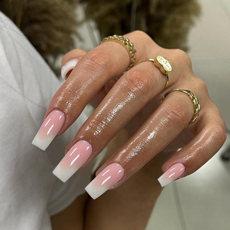 KXAMELIE Gradient Pink Press on Nails Long SquareKXAMELIE Ombre Medium Coffin Fake Nails Press onFrench Glue on NailsOpaque Acrylic Nails Set for Women Girls in 24 PCS