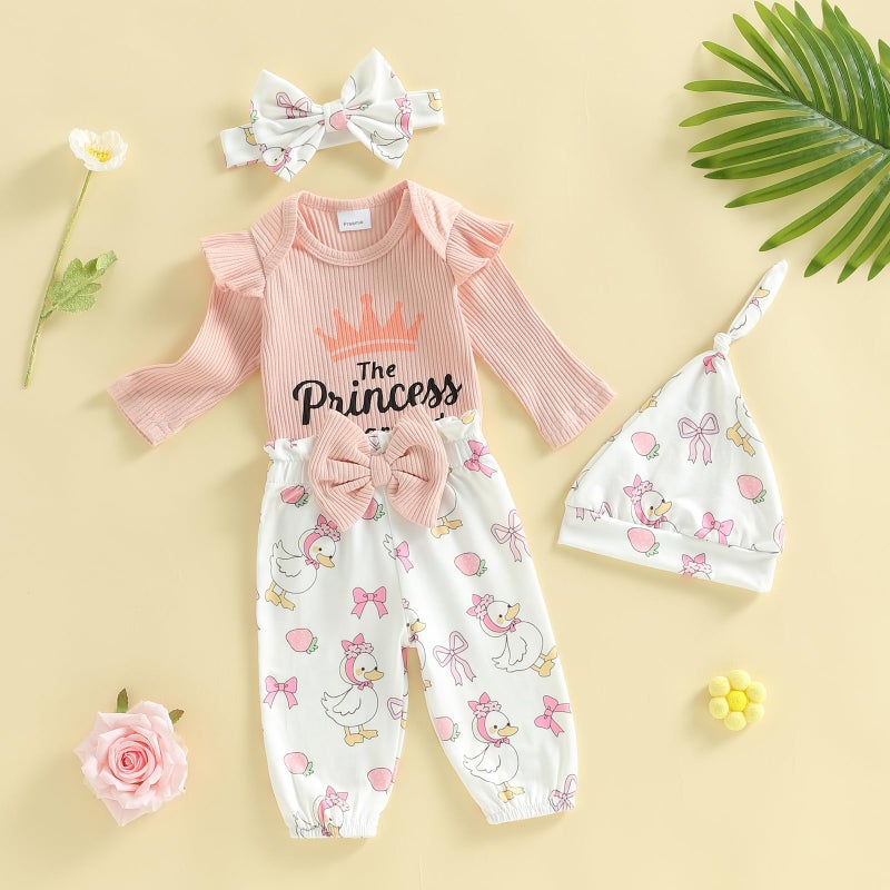 wybzd The Princess Has Arrived Newborn Outfit Preemie Baby Girl Going Home Clothes Ruffle Ribbed Romper Top Duck Pants Set Princess has Arrived Pink Preemie - Image 4