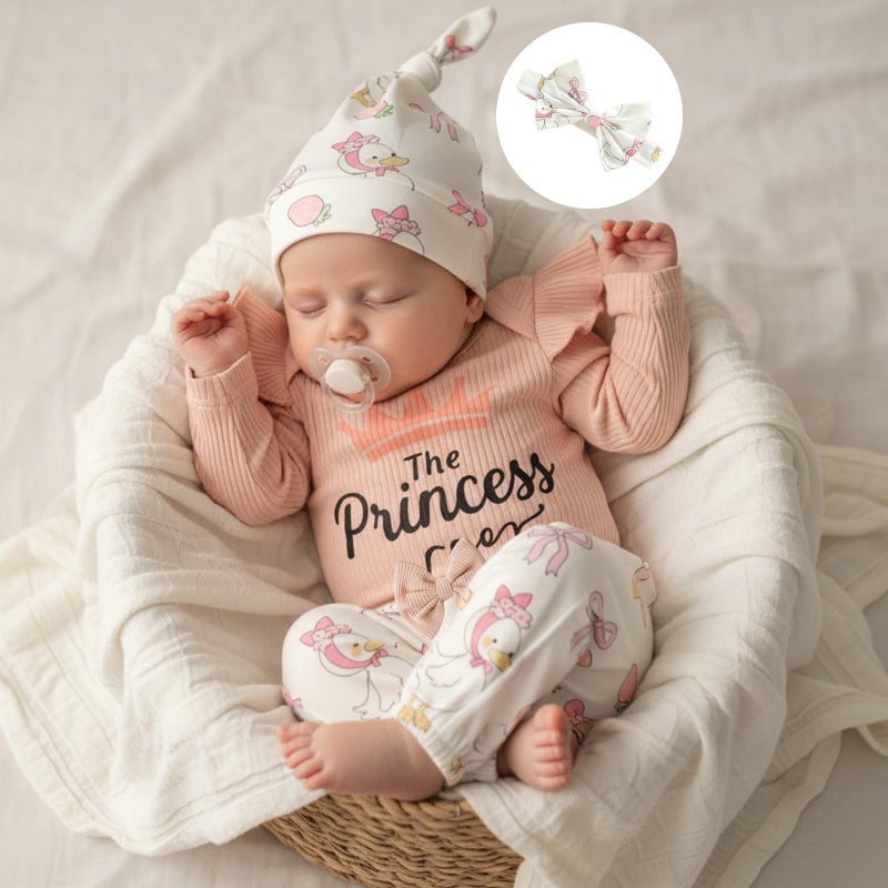 wybzd The Princess Has Arrived Newborn Outfit Preemie Baby Girl Going Home Clothes Ruffle Ribbed Romper Top Duck Pants Set Princess has Arrived Pink Preemie - Image 2