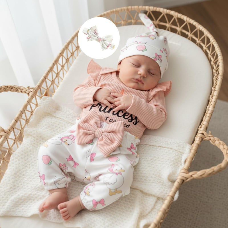 wybzd The Princess Has Arrived Newborn Outfit Preemie Baby Girl Going Home Clothes Ruffle Ribbed Romper Top Duck Pants Set Princess has Arrived Pink Preemie - Image 3