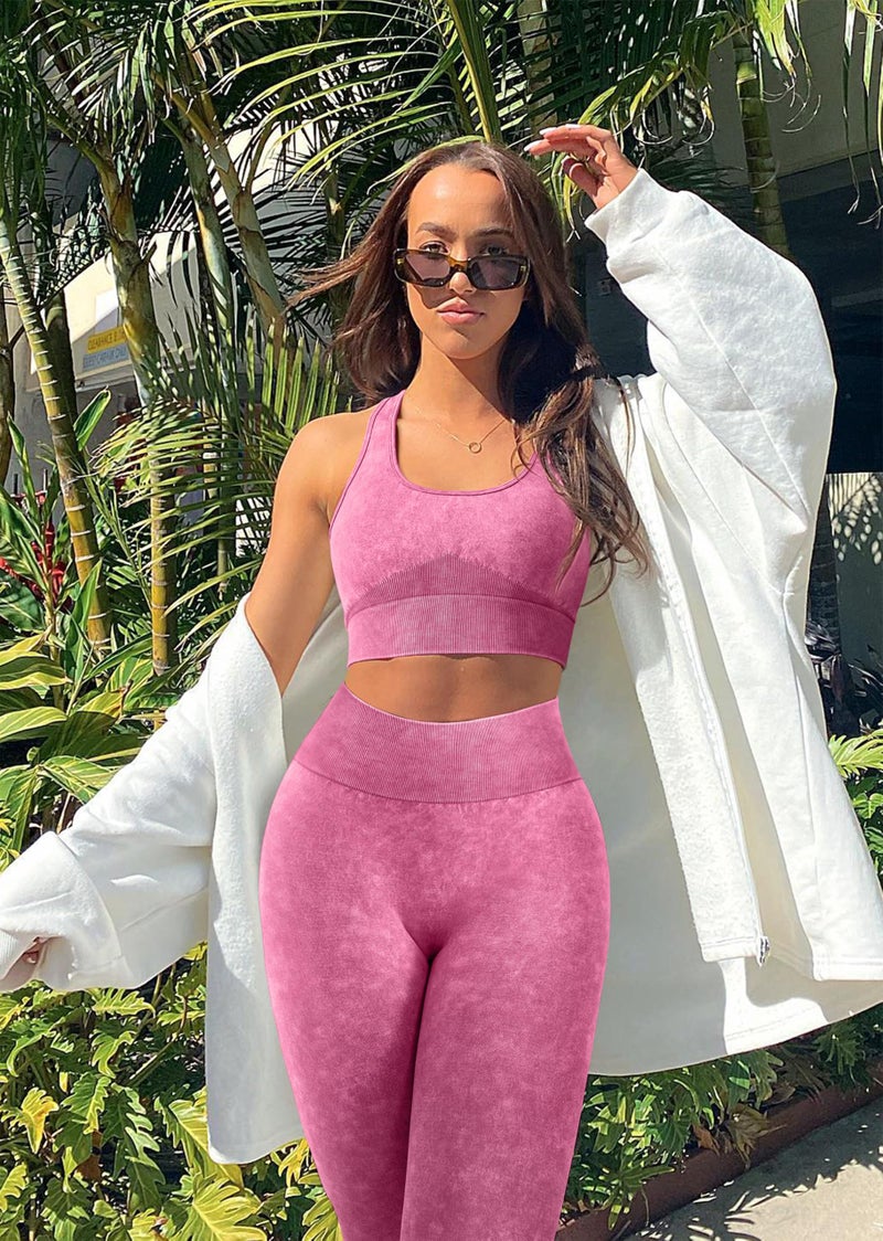 OLCHEE Womens Workout Sets 2 Piece - Acid Wash Seamless Yoga Outfits High Waist Leggings Padded Racerback Sports Bra Gym Set - Pink Medium - Image 2