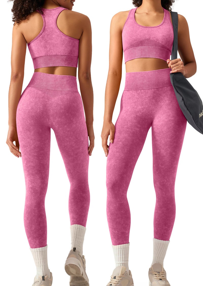OLCHEE Womens Workout Sets 2 Piece - Acid Wash Seamless Yoga Outfits High Waist Leggings Padded Racerback Sports Bra Gym Set - Pink Medium - Image 1