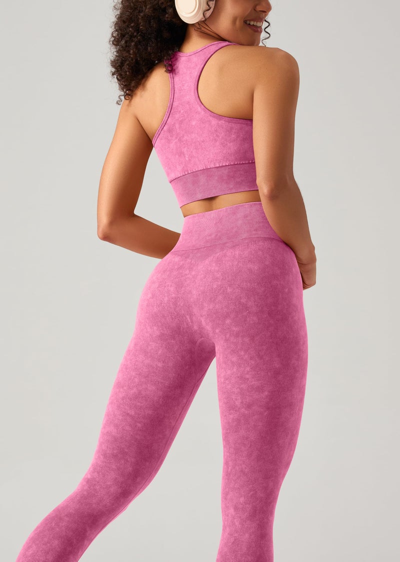 OLCHEE Womens Workout Sets 2 Piece - Acid Wash Seamless Yoga Outfits High Waist Leggings Padded Racerback Sports Bra Gym Set - Pink Medium - Image 5