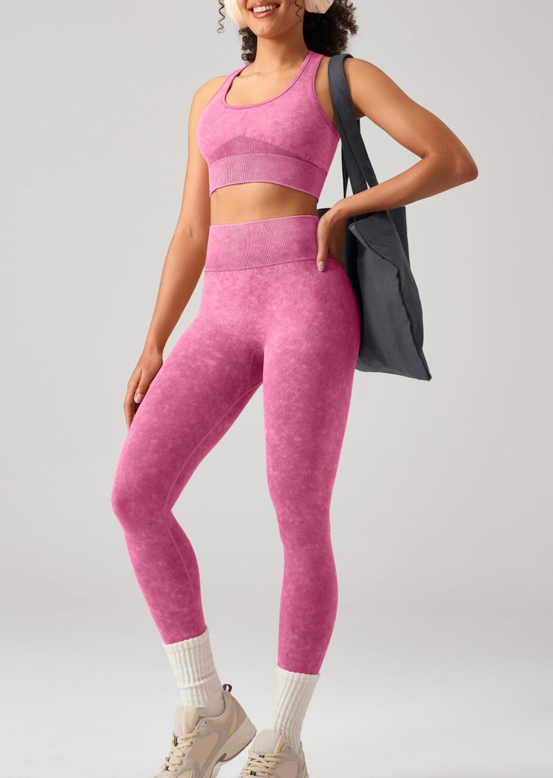 OLCHEE Womens Workout Sets 2 Piece - Acid Wash Seamless Yoga Outfits High Waist Leggings Padded Racerback Sports Bra Gym Set - Pink Medium - Image 4