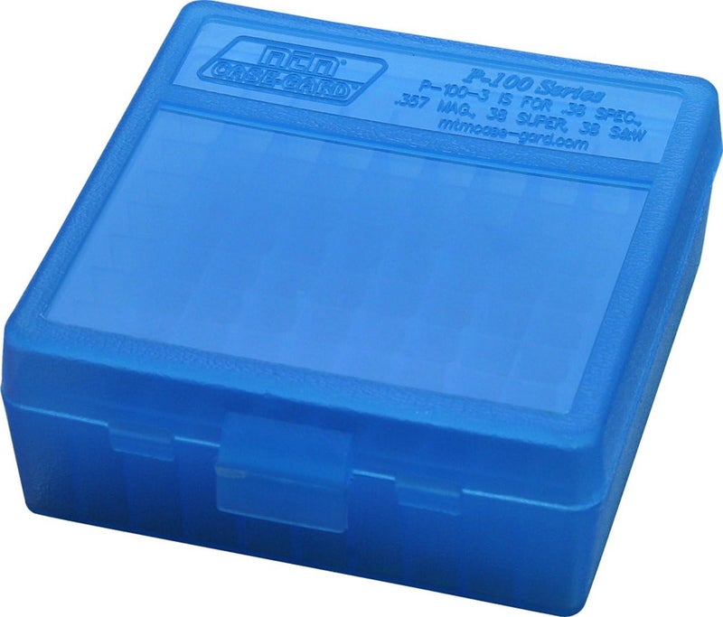 MTM 100 Round Flip-Top Ammo Box 38/357 Cal (Clear Blue) - Image 1