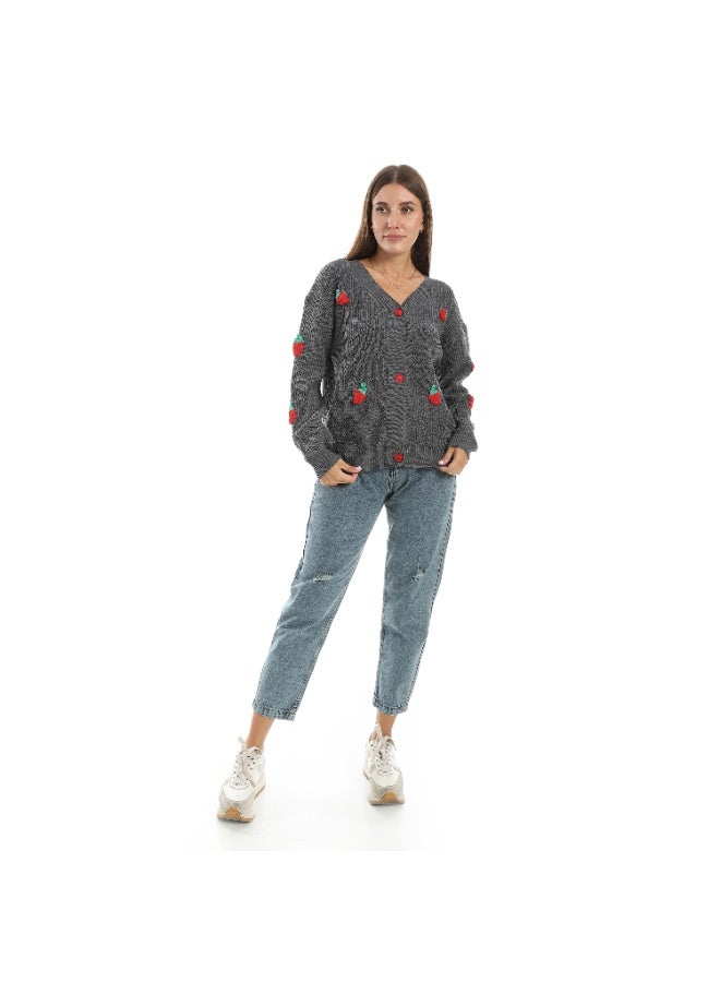 سيزار كارديجان صوف حريمي قصير  مزين بفراولات صوف  وزراير من الأمام - Image 1