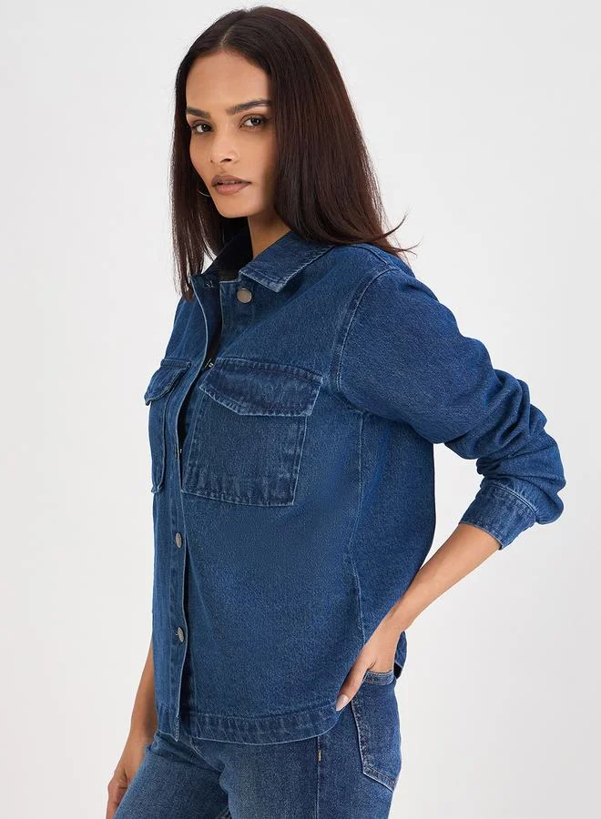 Femmella Women Blue Denim Chest Pockets Shacket