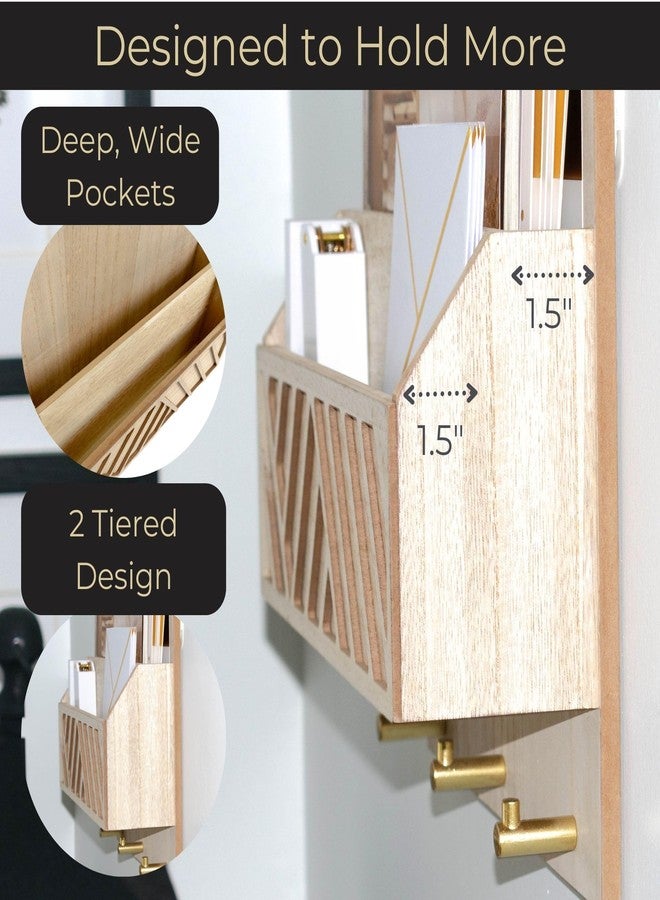 BLU MONACO Wall-Mounted Mail and Key Holder - Natural Wood 2-Tier Letter Organizer with 3 Hooks | Entryway Command Center for Mail, Keys, and Documents - Image 3
