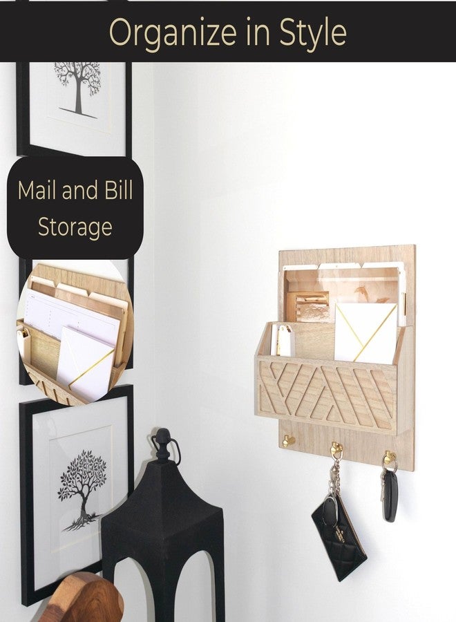 BLU MONACO Wall-Mounted Mail and Key Holder - Natural Wood 2-Tier Letter Organizer with 3 Hooks | Entryway Command Center for Mail, Keys, and Documents - Image 2