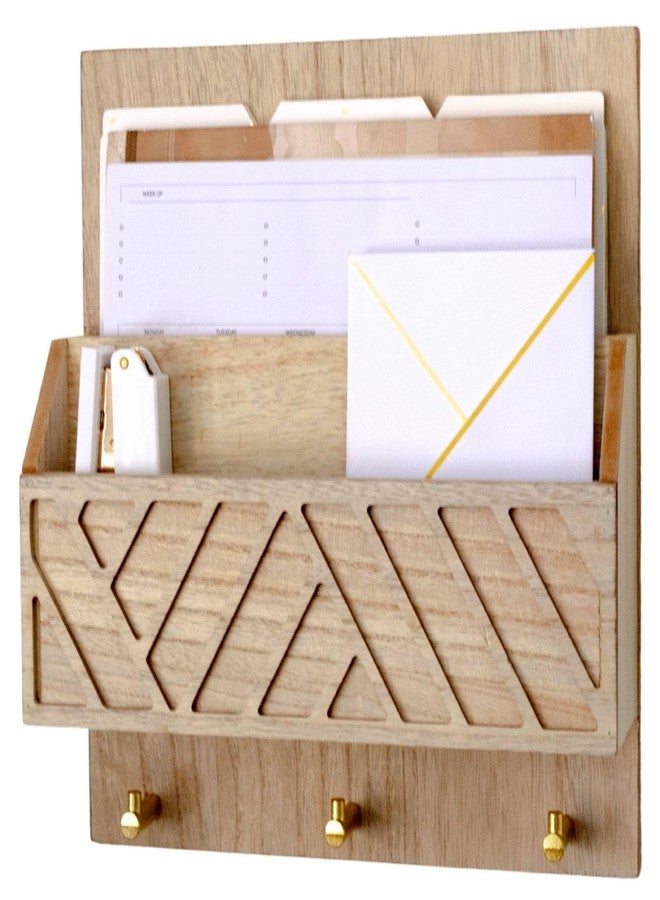 BLU MONACO Wall-Mounted Mail and Key Holder - Natural Wood 2-Tier Letter Organizer with 3 Hooks | Entryway Command Center for Mail, Keys, and Documents - Image 1