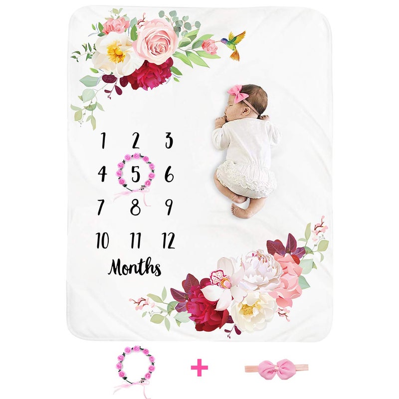 Tebaby Baby Monthly Milestone Blanket Girl - Floral Newborn Month Blanket Personalized Shower Gift Soft Plush Fleece Photography Background Photo Prop Flower Rug with Wreath Headband Large 51''x40'' - Image 1