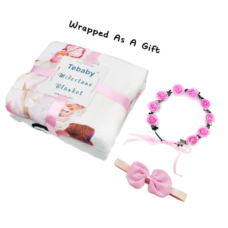 Tebaby Baby Monthly Milestone Blanket Girl - Floral Newborn Month Blanket Personalized Shower Gift Soft Plush Fleece Photography Background Photo Prop Flower Rug with Wreath Headband Large 51''x40'' - Image 3