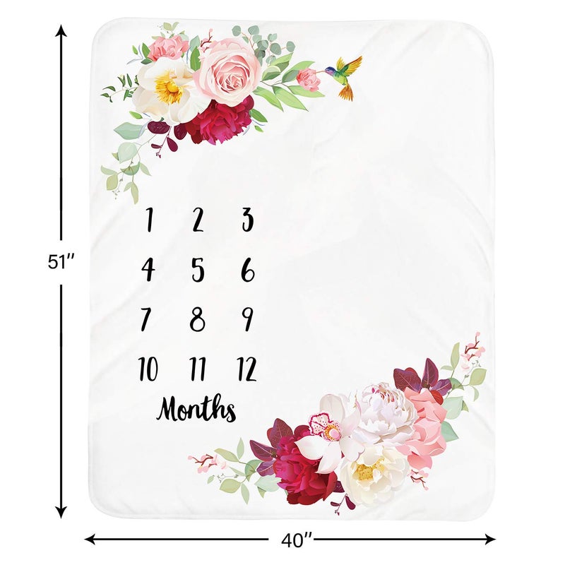 Tebaby Baby Monthly Milestone Blanket Girl - Floral Newborn Month Blanket Personalized Shower Gift Soft Plush Fleece Photography Background Photo Prop Flower Rug with Wreath Headband Large 51''x40'' - Image 4