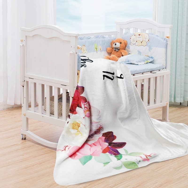 Tebaby Baby Monthly Milestone Blanket Girl - Floral Newborn Month Blanket Personalized Shower Gift Soft Plush Fleece Photography Background Photo Prop Flower Rug with Wreath Headband Large 51''x40'' - Image 5