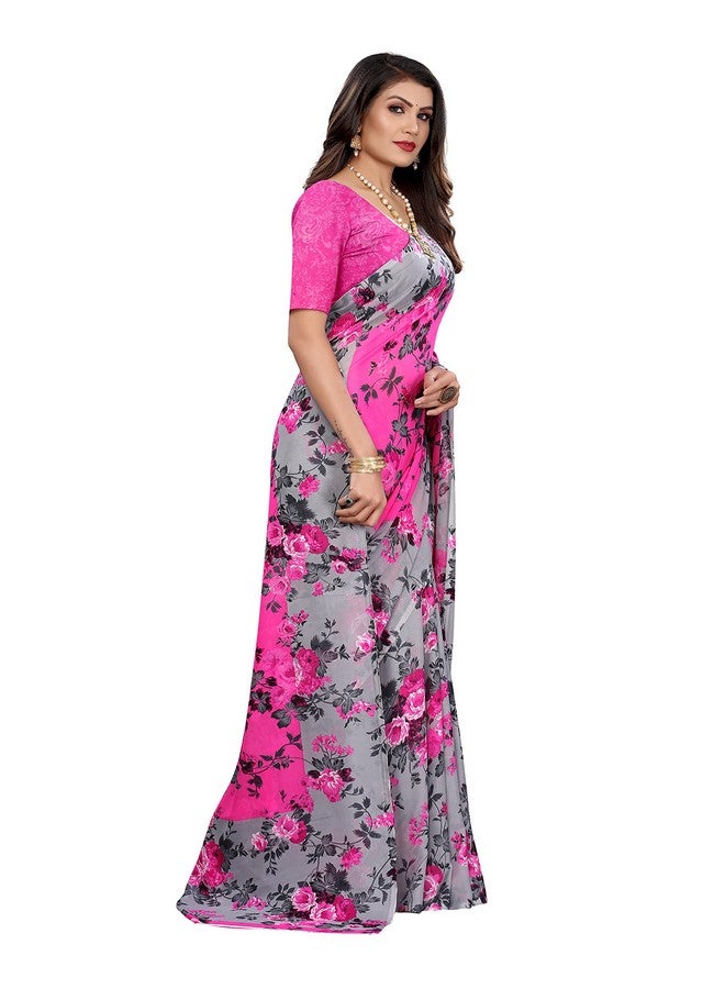 YASHIKA Yashika Women's Georgette Floral Saree With Blouse piece, Pink, Free Size (HEMAXI PINK)  - Image 3