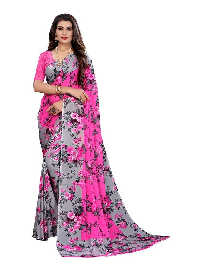 YASHIKA Yashika Women's Georgette Floral Saree With Blouse piece, Pink, Free Size (HEMAXI PINK)  - Image 1