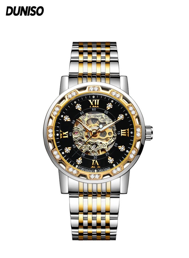DUNISO ساعة ميكانيكية عصرية للرجال بتصميم ريترو مع ألماس، مشبك فراشة وزهور منقوشة، أرقام رومانية كلاسيكية، ساعة بوصلة مضيئة من الفولاذ المقاوم للصدأ - Image 1