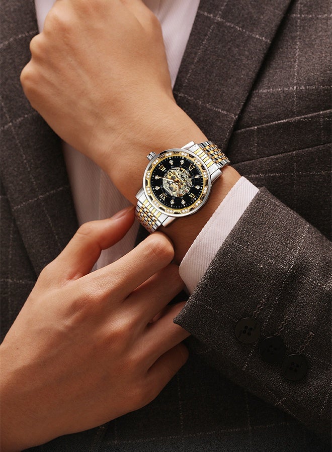 DUNISO ساعة ميكانيكية عصرية للرجال بتصميم ريترو مع ألماس، مشبك فراشة وزهور منقوشة، أرقام رومانية كلاسيكية، ساعة بوصلة مضيئة من الفولاذ المقاوم للصدأ - Image 4