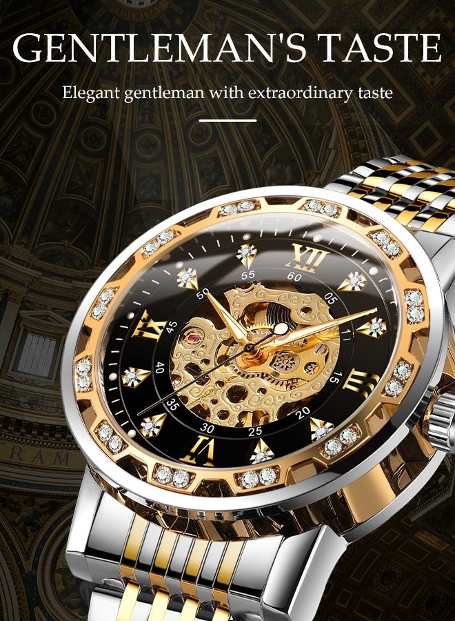 DUNISO ساعة ميكانيكية عصرية للرجال بتصميم ريترو مع ألماس، مشبك فراشة وزهور منقوشة، أرقام رومانية كلاسيكية، ساعة بوصلة مضيئة من الفولاذ المقاوم للصدأ - Image 3