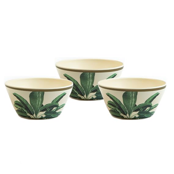 TRULY ECO SMART LIVING RETAIL Truly Eco Dinner Set - Bamboo Bowl Set - Non Toxic Reusable Dishwasher Safe Dinnerware Set, Eco-Friendly Biodegradable Crockery Set for Dining - Green Leaves Large Bowl 680ml (Set of 3) - Image 1