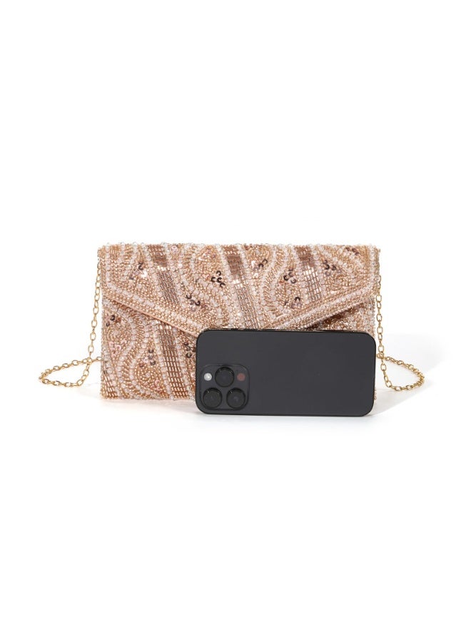 Gold Beaded Sequined Evening Clutch Crossbody Bag with Chain Strap, 23x14cm - Image 4