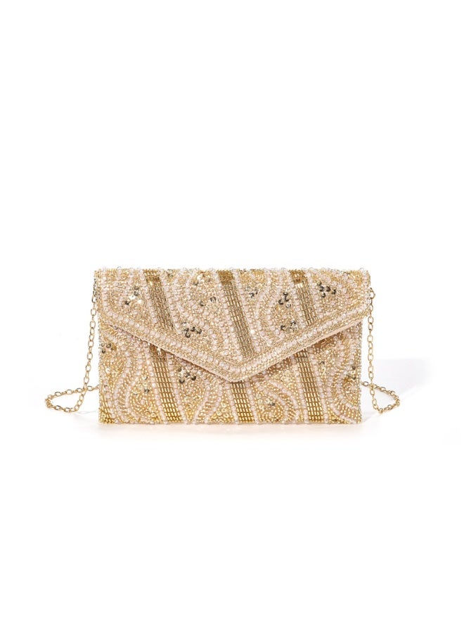 Gold Beaded Sequined Evening Clutch Crossbody Bag with Chain Strap, 23x14cm - Image 1