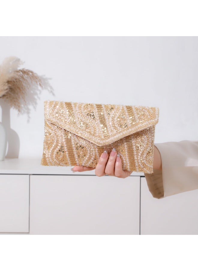 Gold Beaded Sequined Evening Clutch Crossbody Bag with Chain Strap, 23x14cm - Image 3