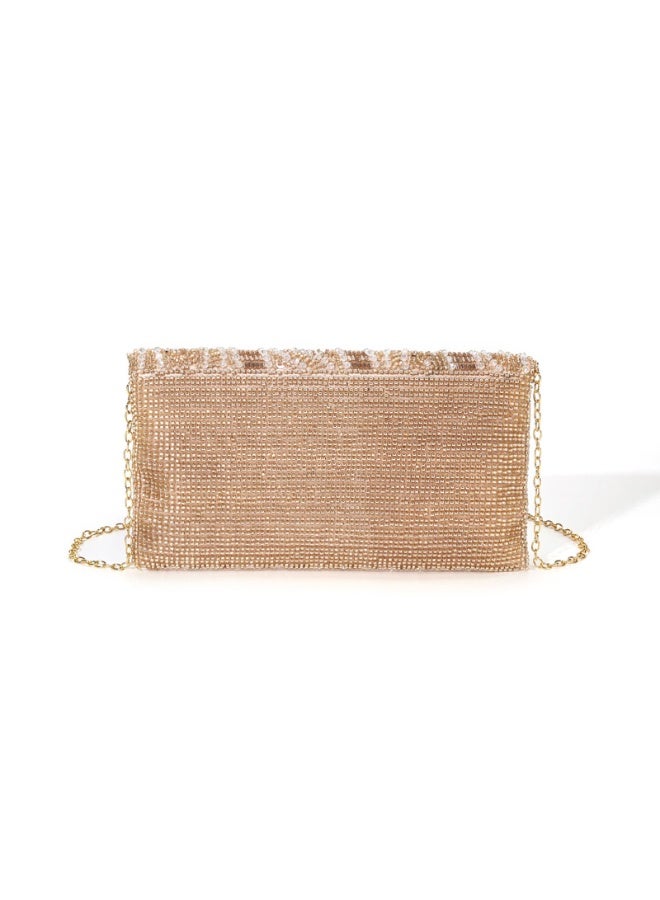 Gold Beaded Sequined Evening Clutch Crossbody Bag with Chain Strap, 23x14cm - Image 5