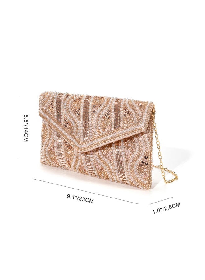 Gold Beaded Sequined Evening Clutch Crossbody Bag with Chain Strap, 23x14cm - Image 2
