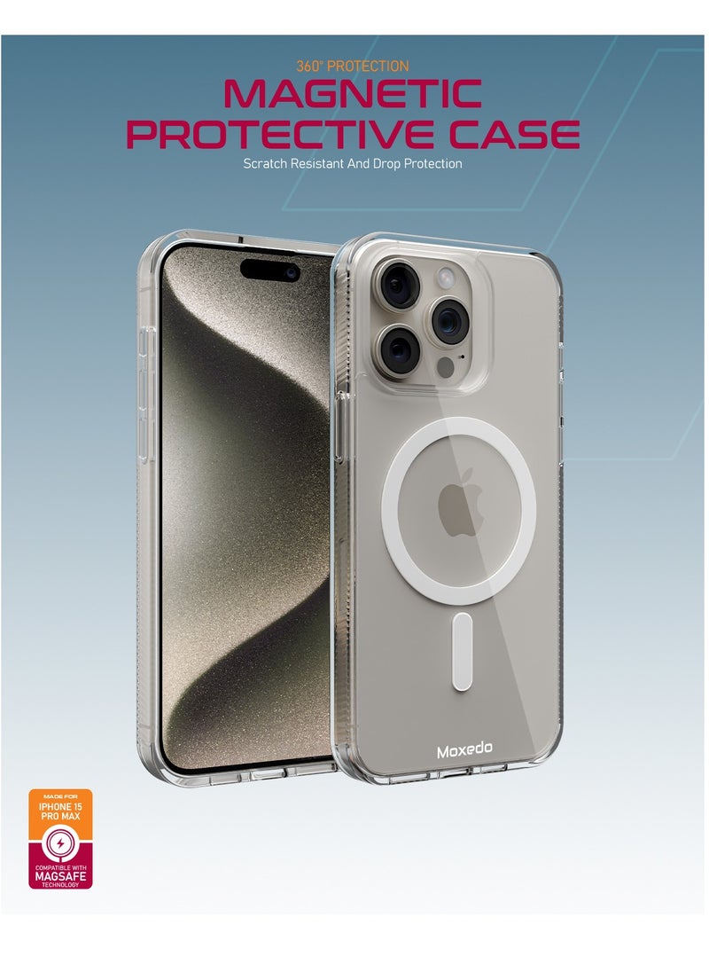Moxedo Magnetic Protective Case 360 Protection Clear Case Hard PC with Built-in Strong Magnets Compatible with Magnetic Safe Designed for iPhone 15 Pro Max 6.7 inch (White)