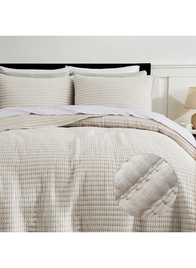 WDCOZY Beige Pick Stitch King Size Quilt Set, Striped Lightweight Soft Summer Spring Bedspread, Bamboo Linen Like Textured Coverlet, Chambray Farmhouse Country Rustic Bedding, Netural Thin Comforter - Image 2