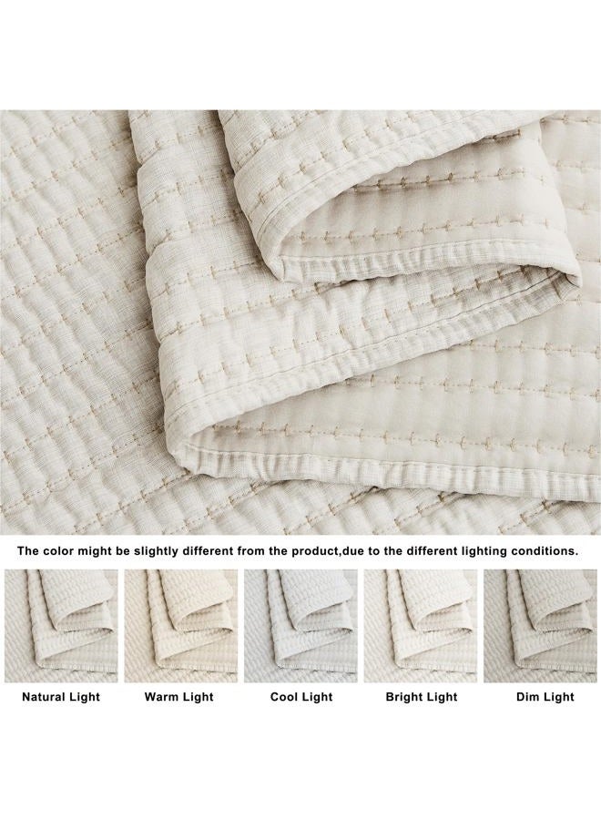 WDCOZY Beige Pick Stitch King Size Quilt Set, Striped Lightweight Soft Summer Spring Bedspread, Bamboo Linen Like Textured Coverlet, Chambray Farmhouse Country Rustic Bedding, Netural Thin Comforter - Image 5