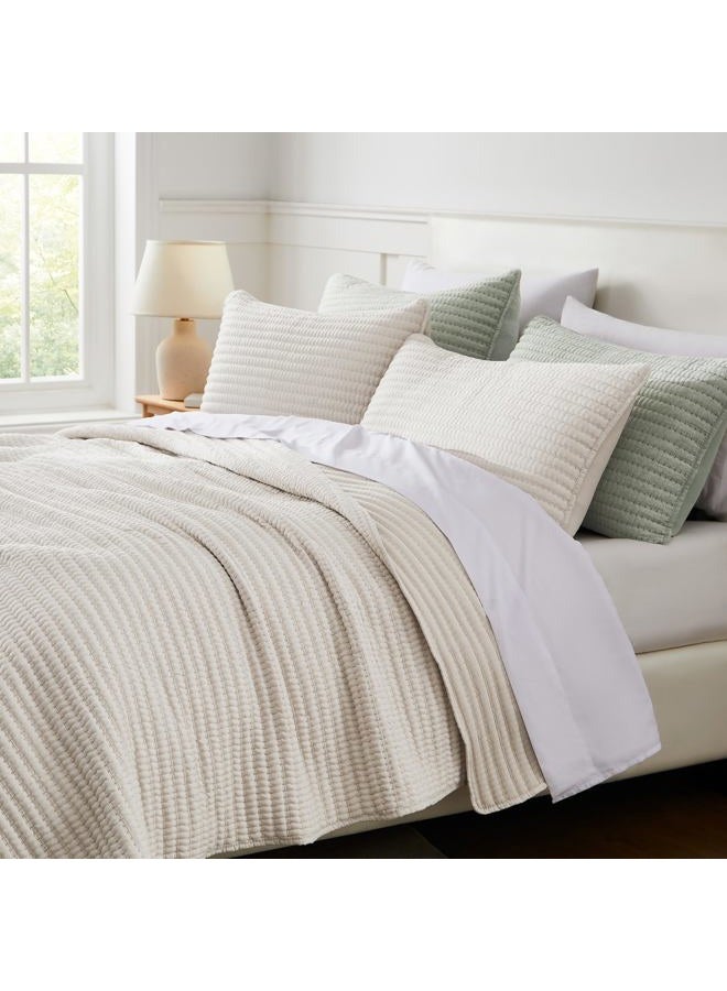 WDCOZY Beige Pick Stitch King Size Quilt Set, Striped Lightweight Soft Summer Spring Bedspread, Bamboo Linen Like Textured Coverlet, Chambray Farmhouse Country Rustic Bedding, Netural Thin Comforter - Image 3