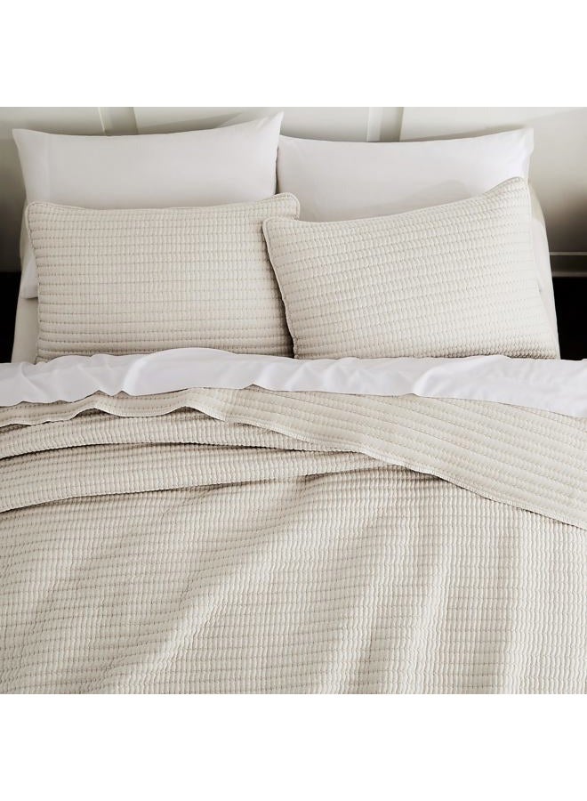WDCOZY Beige Pick Stitch King Size Quilt Set, Striped Lightweight Soft Summer Spring Bedspread, Bamboo Linen Like Textured Coverlet, Chambray Farmhouse Country Rustic Bedding, Netural Thin Comforter - Image 1